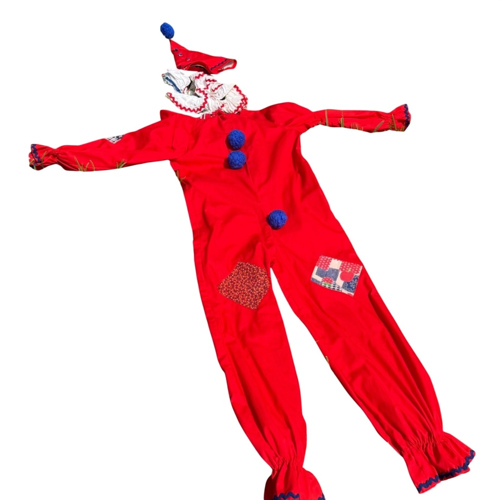 Vintage Red Clown Costume Set Jumpsuit Hat Collar Patchwork Circus Halloween